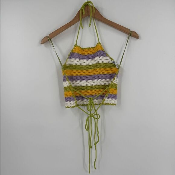 Zara Crochet Knit Halter Tie Back Crop Top in Multi Stripe | Small - Picture 5 of 8